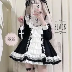 修道風　ミニ ワンピ　十字架　ゴシック　ブラック　ゴスロリ　長袖　フリル　甘ロリ