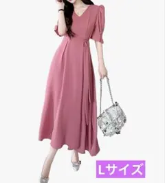 きれいめフレアワンピース L ポケット付 セレモニー ピンクバブル袖 Aライン