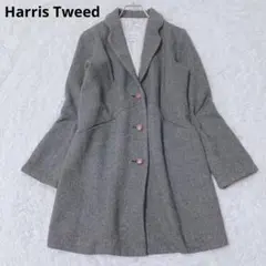 ハリスツイード　チェスターコート　ツイード　革調くるみボタン　アウター　Lサイズ