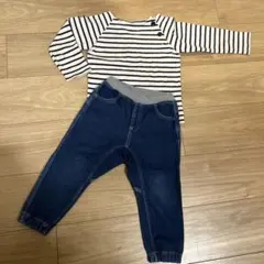 ボーダー長袖カットソー＆デニムパンツ セット