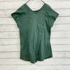 【古着】✨チュニック【M】Vネック ボタン付き 半袖 フェイクボタン グリーン