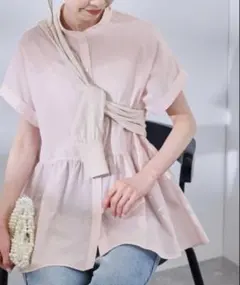 ロペピクニック 「UV対応・防シワ」フレンチペプラムシャツ ピンク　試着のみ