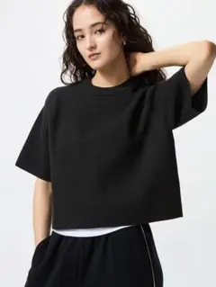 黒【新品】ユニクロ ウォッシャブル ミラノリブセーター/半袖 ブラック Tシャツ