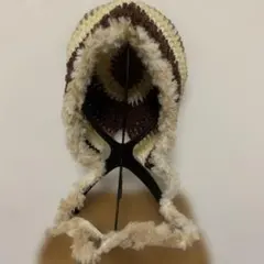 ボンネット　フリース耳あて付きストライプ帽子