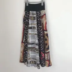 onespo ロングスカート M スカーフ柄 レトロ ウェストゴム 個性 総柄