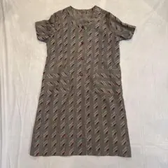 vintage 幾何学総柄半袖ワンピース グレー×レッド レトロ古着