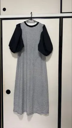 【BONLECILL】ボーダー ロングワンピース パフスリーブ パールボタン F