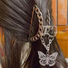 No.161A バタフライチェーンヘアクリップ シルバー 韓国 蝶々 量産型