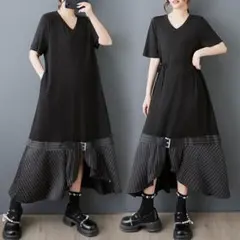 【新品】大きいサイズワンピース春夏半袖ロング黒ストライプ 人気