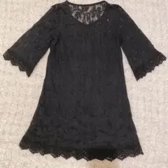 総レースワンピース Aライン 七分袖 膝丈 ブラック キャミ付 レディース M