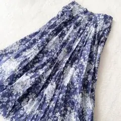 ローラアシュレイ ロングスカート フレア 花柄 ブルー系 綿100% S