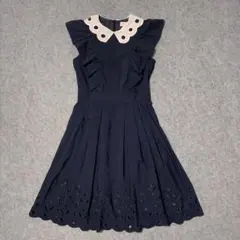 【美品】 ネイビー フリル襟 ノースリーブ ワンピース