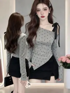 ドット柄オフショルダー長袖トップス 韓国系 夏服 流行り 着痩せ 痩せ見え