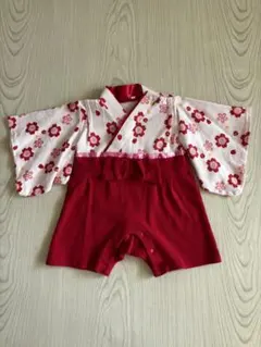 50〜60 ひなまつり 着物 ロンパース 赤と白の花柄 女の子 ベビー 初節句