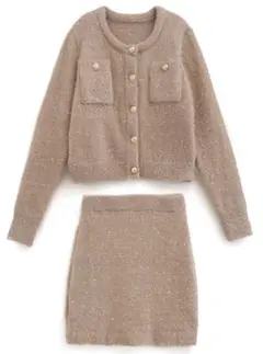 ラメフェザーニットカーディガン×ミニスカートセットアップ[kz617]