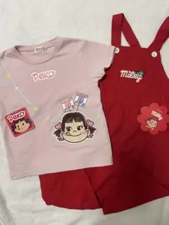futafuta ミルキー　コラボ　サロペットパンツ　赤　ペコちゃん　Tシャツのサムネイル
