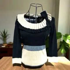 TO BE CHIC フリルカラー　リボン ニット　マルチカラー　毛100%のサムネイル