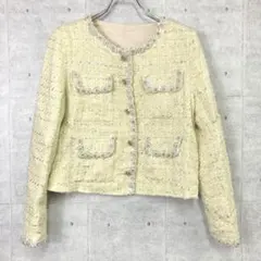 ブティック バブリー モード古着 ツイード ビジュー ノーカラー ジャケット