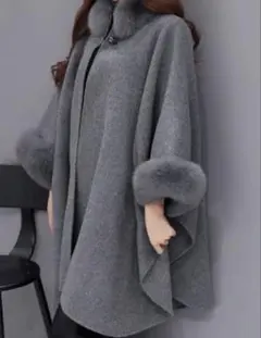 グレー ファー付きポンチョ