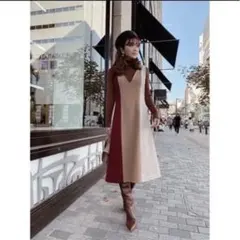 eimy istoire Vネックカラーコンビワンピース(BEIGE)