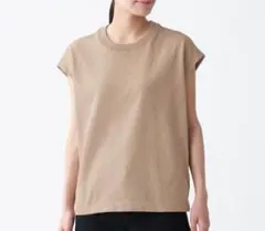 美品 無印良品 MUJI UVカット強撚スリーブレスニットTシャツ M ベージュ