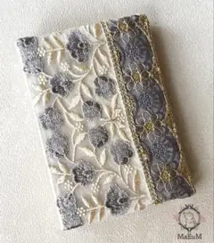 MaEuMインド刺繍リボン文庫本ブックカバー片側調整タイプ【Blue Gray】
