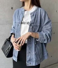 andme オーバーサイズノーカラーデニムツイルジャケット