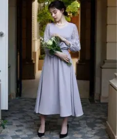 GIRL ガール レーススリーブVネックドレス 2L ブルー 結婚式　パーティーのサムネイル