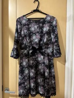 axes femme花柄 七分袖 ワンピース 黒