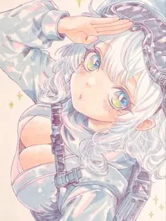 【一点物】オリジナル手描きイラスト　アナログイラスト　飛行ガール　ペン画　OC絵