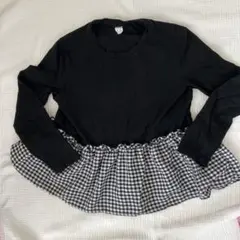 長袖カットソー 黒/白チェック フリル