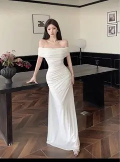 オフショルダー ホワイトウェディングドレス/キャバドレス