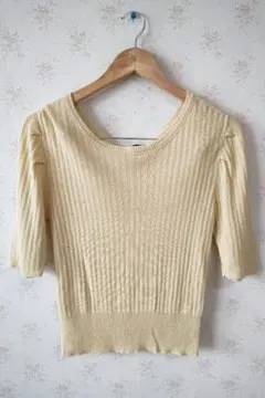 ☆Kastane カスタネ リブ編み 五分袖 ニット イエロー リネン混 F☆