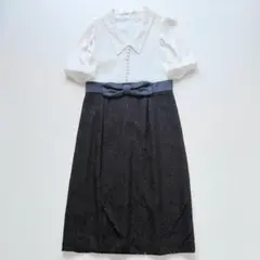 ＊極美品【ADELLY】ダウンネックリボンワンピース　ブラック　ホワイトのサムネイル