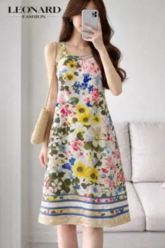 a35【美品】LEONARD レオナール 花柄 金ボタンワンピース ネイビー M