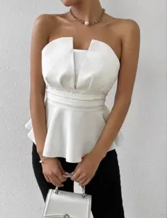 ホワイト ペプラム ノースリーブ トップス