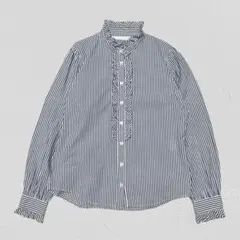 Comme ca Nouvel♡フロントフリルストライプシャツ　ブルー　M