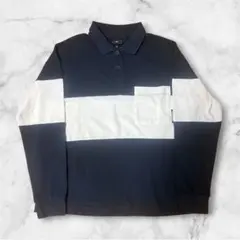 H&M 長袖ポロシャツ ネイビー ホワイト ラガーシャツ