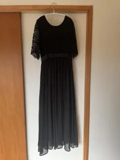 パーティードレス　ロングドレス 黒　ブラック　ワンピース 五分袖 結婚式