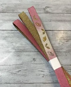 正絹 高麗組帯締め 桃色×白×金糸 葉模様 美品 幅15mm