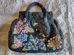 ハンドメイド バッグ 紫陽花 パッチワーク 刺し子 木綿 藍染 古布 銘仙