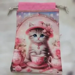 猫のイラスト 巾着袋 ピンク