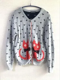 訳あり　猫とハートのデザイン ニットカーディガン 長袖