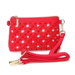 ラインストーン　×　スタッズコスメポーチ　レッド（ピンクも有り）