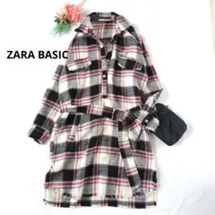 k464　​ZARA BASICチェック柄 フリンジ ロングシャツワンピースXSのサムネイル