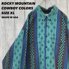 メイドインUSA古着ロッキーマウンテン　総柄ネイティブストライプBDシャツ XL