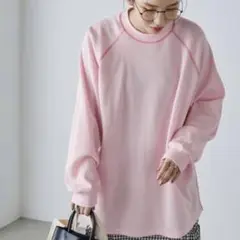forksy. ワッフル配色ステッチラグランロングTシャツ ピンク