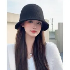 バケットハット　ジャギーハット　冬　かわいい　ニット　トレンド　防寒　ブラック