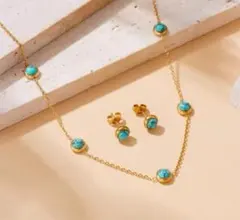 2セット★幸運ターコイズゴールド ピアスネックレス ラスト サージカルステンレス