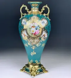 【逸品】オールドノリタケ ２６．８㎝ ターコイズ 薔薇紋花瓶 金彩 金盛り ばら
